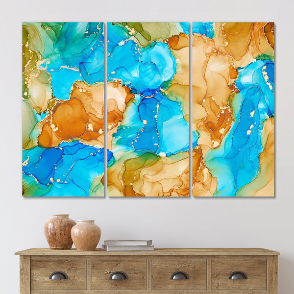 Bless international Turquoise And Brown Luxury Abstract Fluid Art I 3